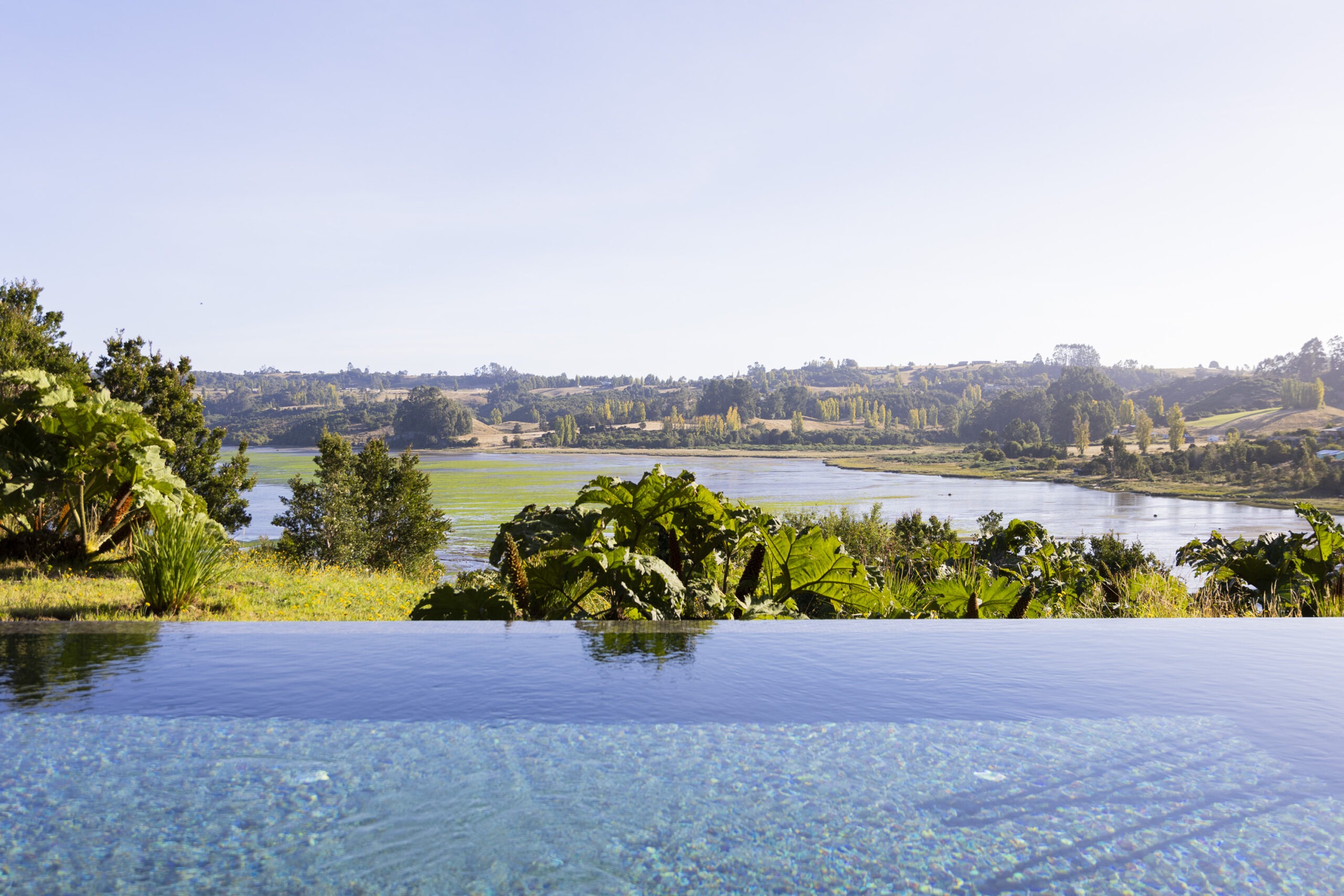 Infinity pool overlooking the landscape at Refugia, Chiloé